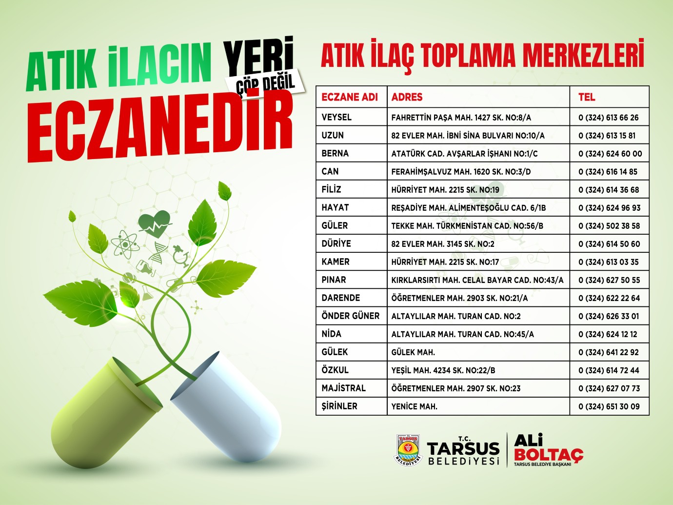 -TARSUS’TA ATIK İLAÇLAR ARTIK ECZANELERDE TOPLANACAK