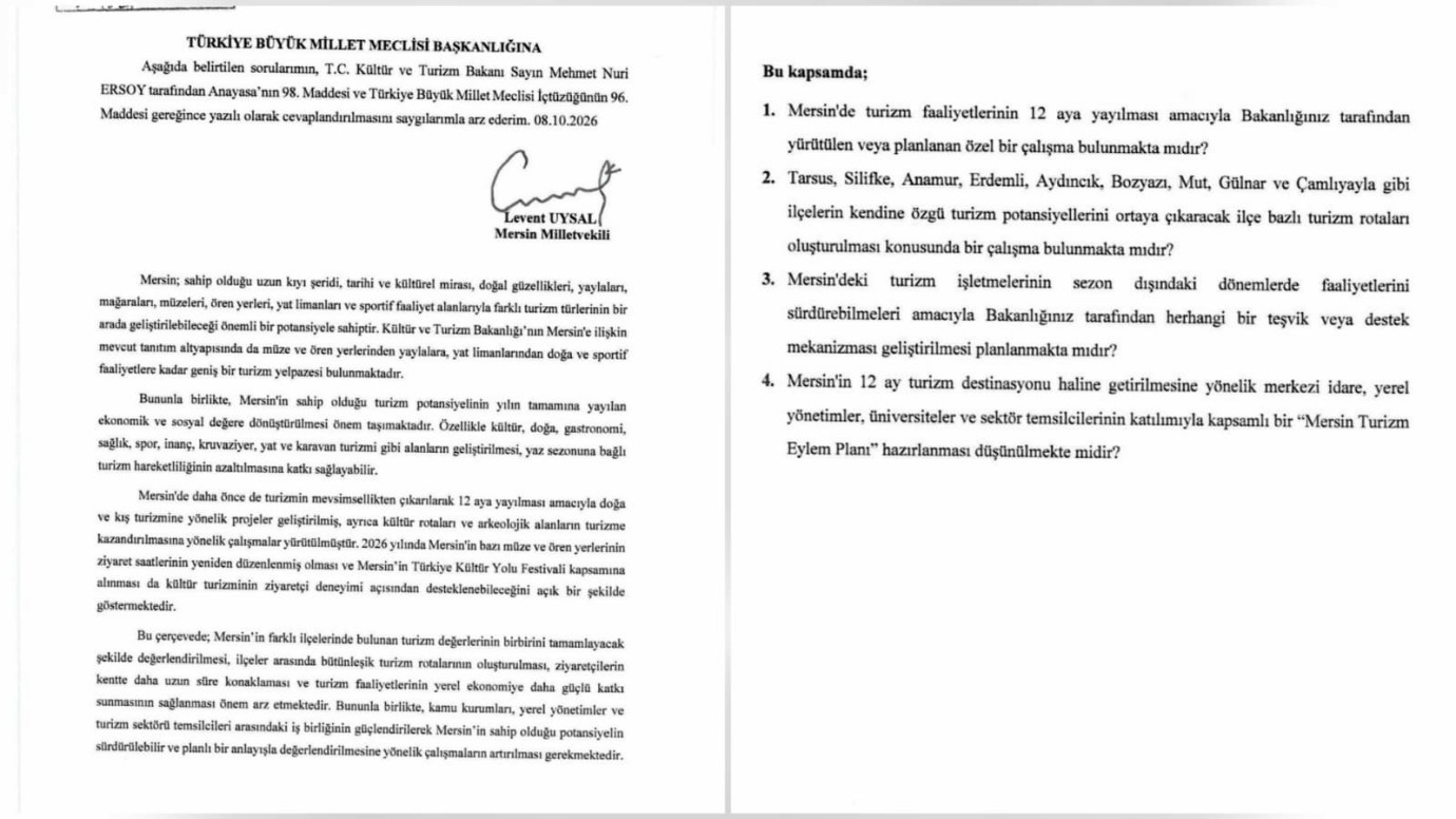 MİLLETVEKİLİ UYSAL’DAN MERSİN’İN TARIM VE TURİZM POTANSİYELİNİ GÜÇLENDİRECEK İKİ ÖNEMLİ ADIM